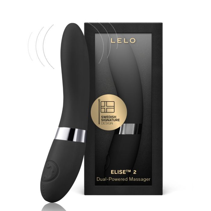 Black LELO ELISE 2 Dual-Powered vibrator with retail packaging and Swedish Signature Design badge.