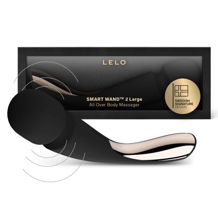 LELO Smart Wand 2 Large body massager in black standing next to its retail box.