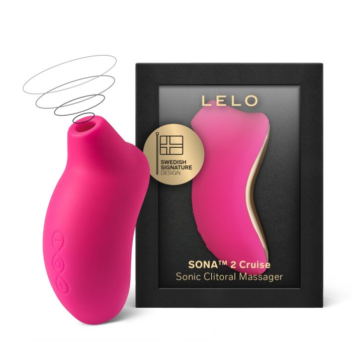LELO Sona 2 Cruise Sonic Clitoral Massager standing beside its black retail box featuring a gold Swedish design seal.