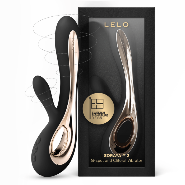 Black LELO Soraya 2 G-Spot Vibrator shown next to its black retail packaging box.