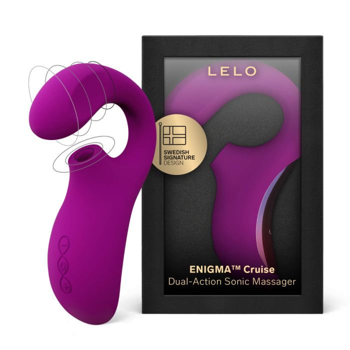 Deep Rose  LELO ENIGMA Cruise Dual-Action Sonic Massager shown next to its black retail packaging box.