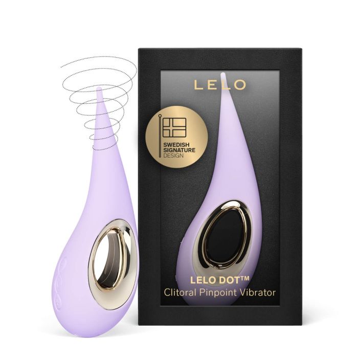 Lilac LELO Dot Clitoral Pinpoint Vibrator standing beside its black retail box featuring a gold Swedish design seal.