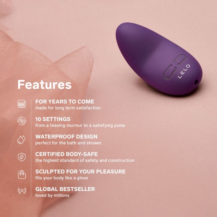 LELO Lily 3 features an infographic highlighting its 10 settings and waterproof design next to the purple device.