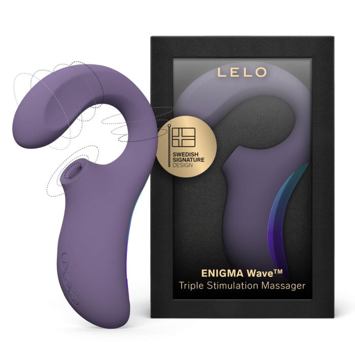 Purple LELO ENIGMA Wave Triple Sonic Massager shown next to its black retail packaging box