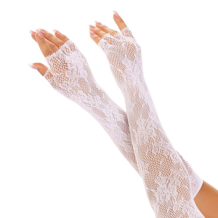 Leg Avenue Lace Opera Length Fingerless Gloves - White