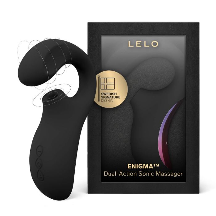 Black LELO ENIGMA Dual-Action Sonic Massager shown next to its black retail packaging box