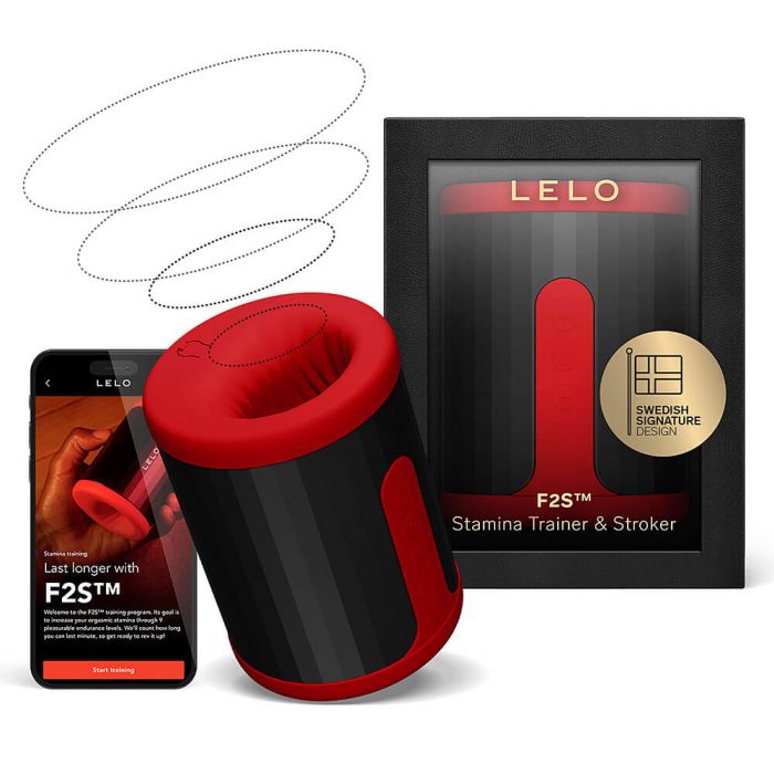 LELO F2S Stamina Trainer retail packaging kit showing the app-compatible male masturbator device and companion mobile application screen.