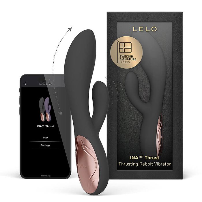 Black LELO INA Thrust thrusting rabbit vibrator with retail packaging, Swedish design badge, and smartphone app interface.