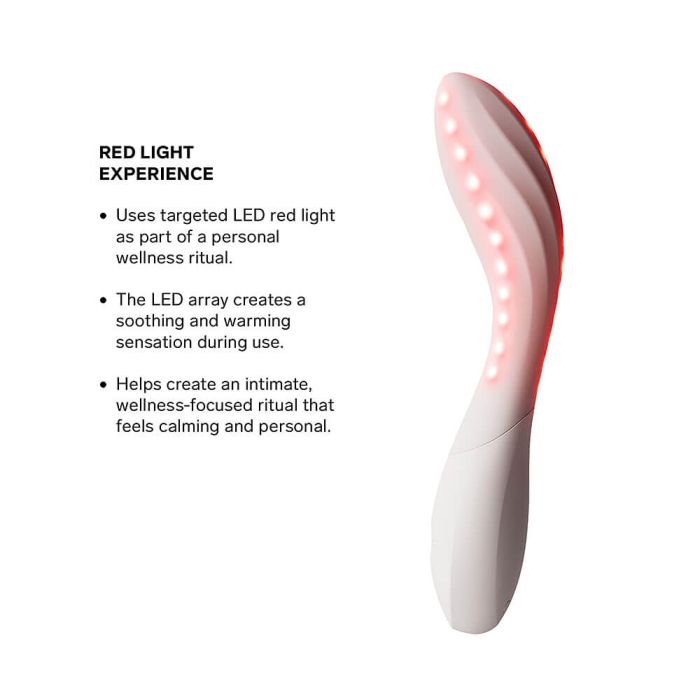 Product feature infographic showcasing the warming red LED light therapy settings on a white curved intimate wellness massager.