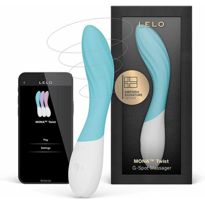 LELO MONA Twist G-Spot Massager in aqua displayed inside its retail packaging box.