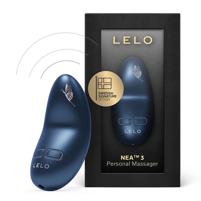 Alien Blue LELO Nea 3 personal massager with a gold dragonfly standing beside its retail box with a Swedish design seal.