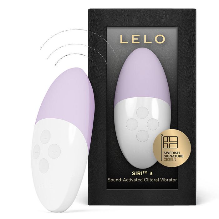 Lilac LELO Siri 3 sound-activated clitoral vibrator with retail packaging and Swedish Signature Design badge.