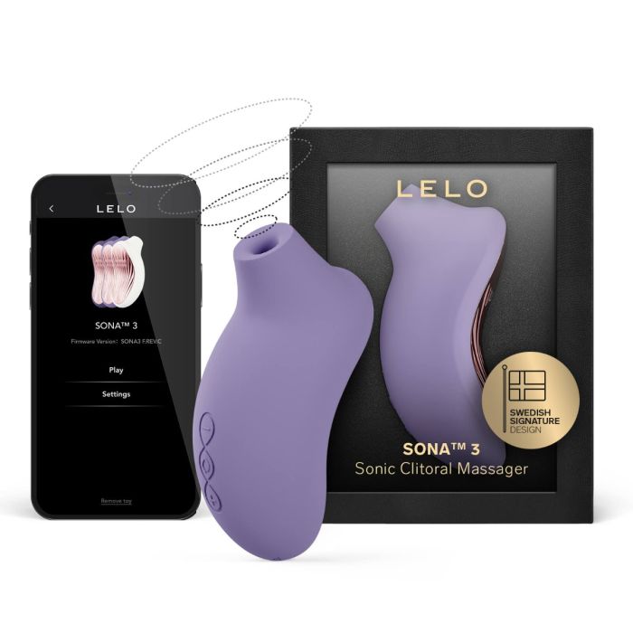 Cyber Purple LELO SONA 3 sonic clitoral massager with retail packaging, design badge, and smartphone app interface.