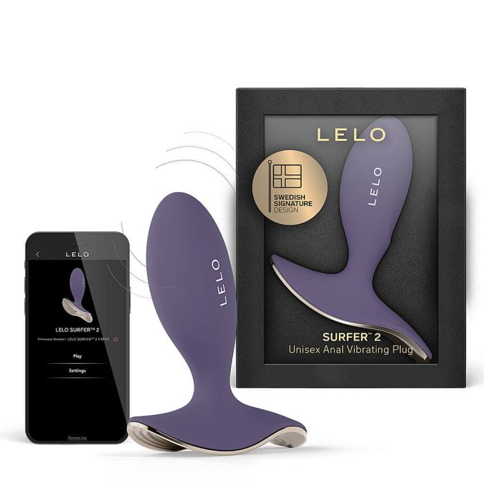 Purple LELO Surfer 2 unisex anal vibrating plug with retail packaging, Swedish design badge, and smartphone app interface.