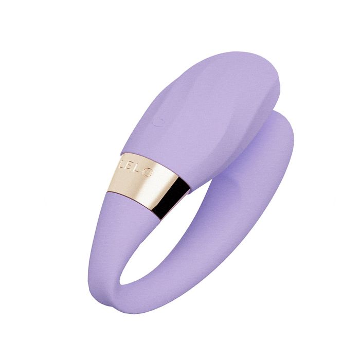 Lavender LELO TIANI Twist flexible couples vibrator with a gold metallic accent band against a plain white background