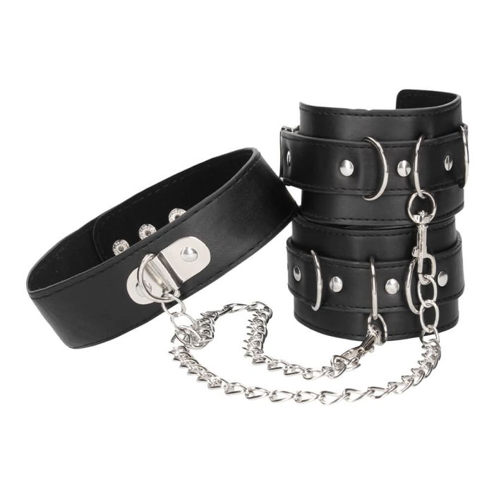 Ouch! Bonded Leather Collar with Hand Cuffs