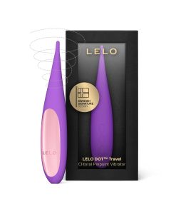 Purple LELO DOT Clitoral Pinpoint Vibrator shown outside and inside its black retail packaging box."