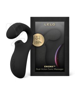 Black LELO ENIGMA Dual-Action Sonic Massager shown next to its black retail packaging box