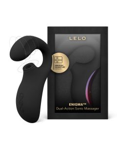 Black LELO ENIGMA Dual-Action Sonic Massager shown next to its black retail packaging box