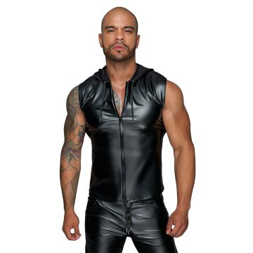 Front view of the Noir Handmade Hooded Shirt 2-Way Zipper in black wet-look fabric, worn by a model.