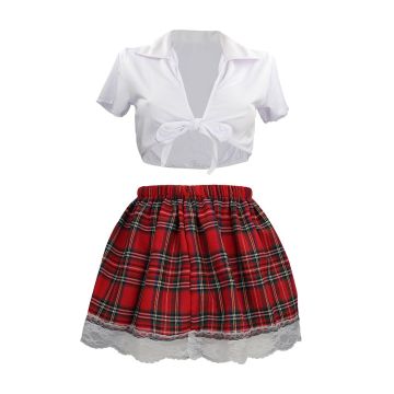 S-Line Tartan Plaid Mini Skirt and Tie Front Top 2-Piece Set