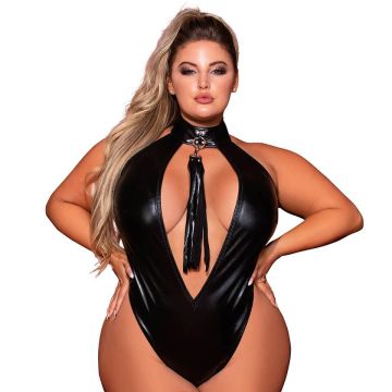 Dreamgirl Plus Size Stretch Faux-Leather Halter Teddy