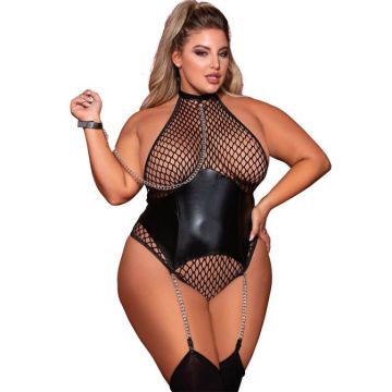 Dreamgirl Plus Size Fishnet Halter Teddy with Attached Collar & Chain Leash