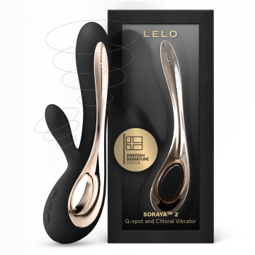 Black LELO Soraya 2 G-Spot Vibrator shown next to its black retail packaging box.