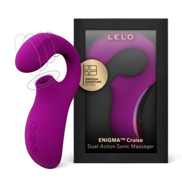 Deep Rose  LELO ENIGMA Cruise Dual-Action Sonic Massager shown next to its black retail packaging box.