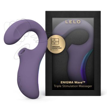 Purple LELO ENIGMA Wave Triple Sonic Massager shown next to its black retail packaging box