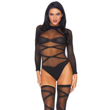 2Piece Opaque Sheer Criss Cross Body Suit And Matching Thigh Highs