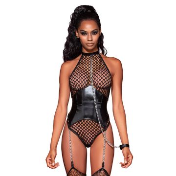 Dreamgirl Fishnet Halter Teddy with Attached Collar & Chain Leash