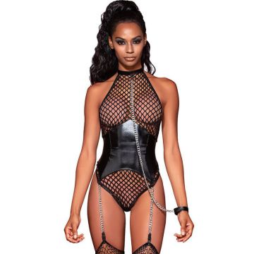 Dreamgirl Fishnet Halter Teddy with Attached Collar & Chain Leash