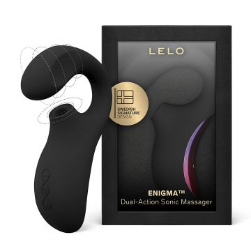 Black LELO ENIGMA Dual-Action Sonic Massager shown next to its black retail packaging box