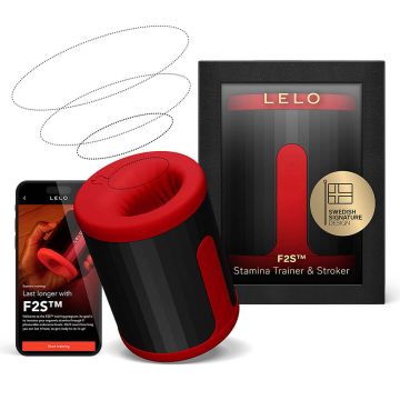 LELO F2S Stamina Trainer retail packaging kit showing the app-compatible male masturbator device and companion mobile application screen.