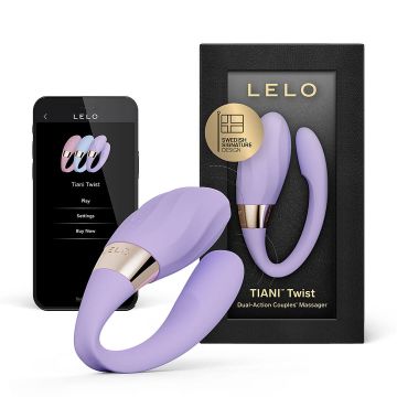 Lavender LELO Tiani Twist smart vibrator with Swedish Signature Design packaging and Bluetooth app interface