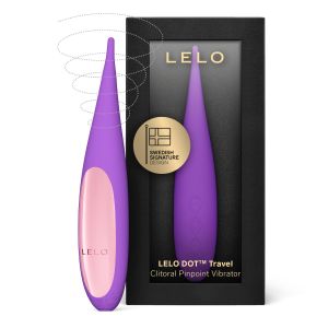 Purple LELO DOT Clitoral Pinpoint Vibrator shown outside and inside its black retail packaging box."