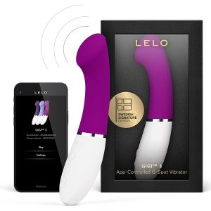 Deep Rose LELO GIGI 3 app-controlled g-spot vibrator with retail packaging, design badge, and smartphone app interface.