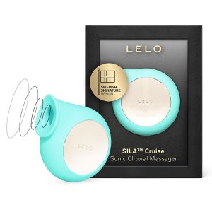 Aqua LELO Sila Cruise sonic clitoral massager standing beside its retail box featuring a gold Swedish design seal.