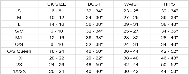 Dreamgirl Size Chart