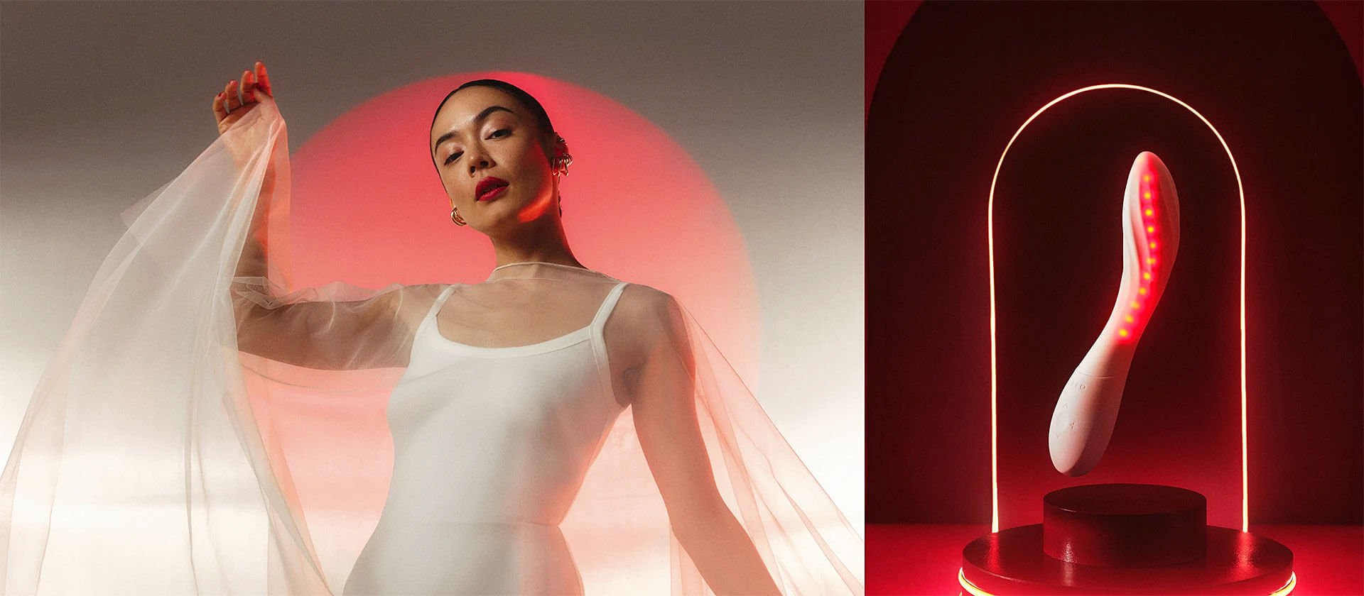 LELO MONA Spectra campaign banner featuring a lifestyle model shot alongside the red light intimate wellness massager.