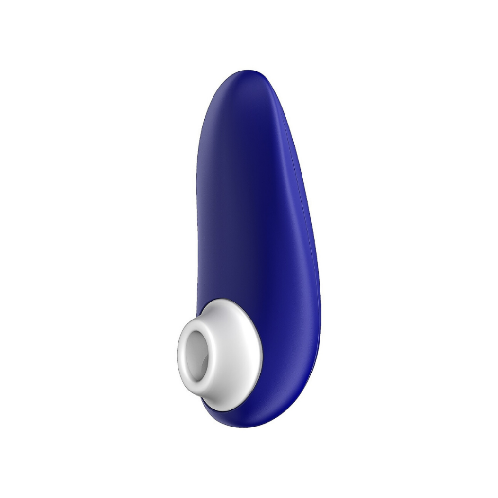 a curved blue sex toy with a white, round head