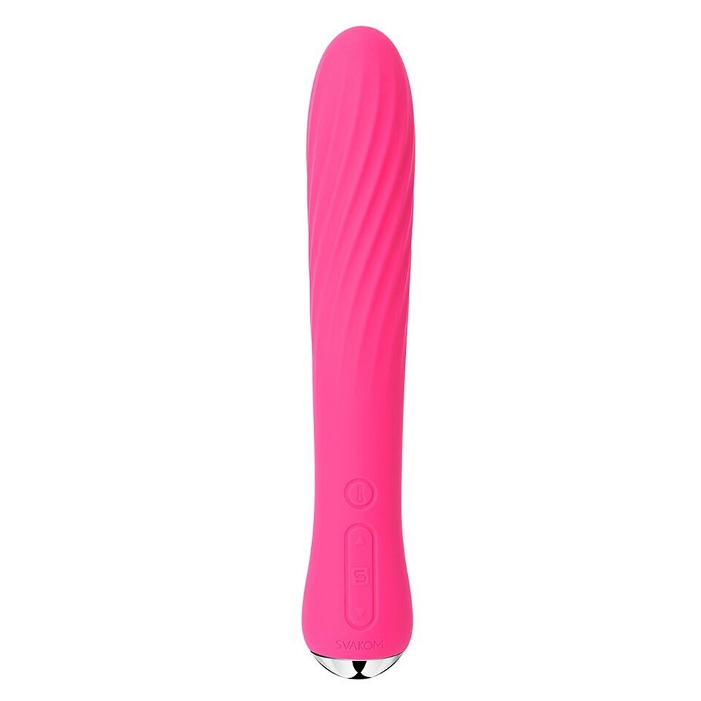 a pink silicone vibrator with a round tip and a light texture