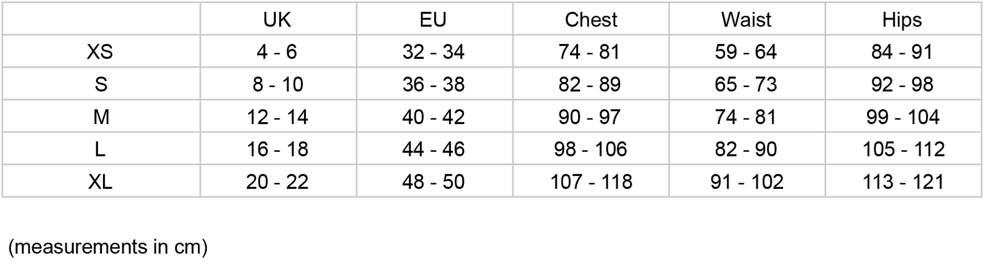 Cottelli Size Guide