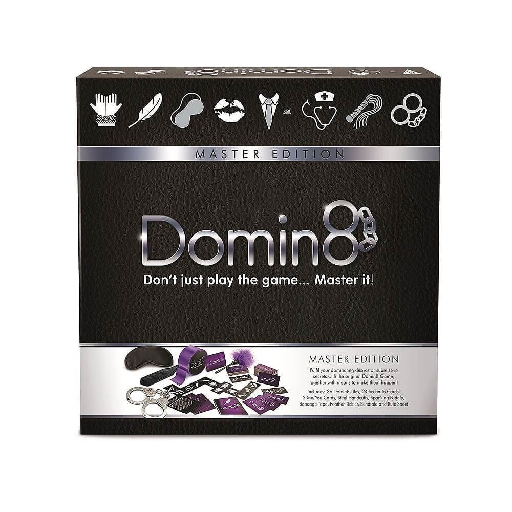 the purple box of the domin8 dominoes game, with an image on the front of the contents of the box, namely some bondage gear and game cards