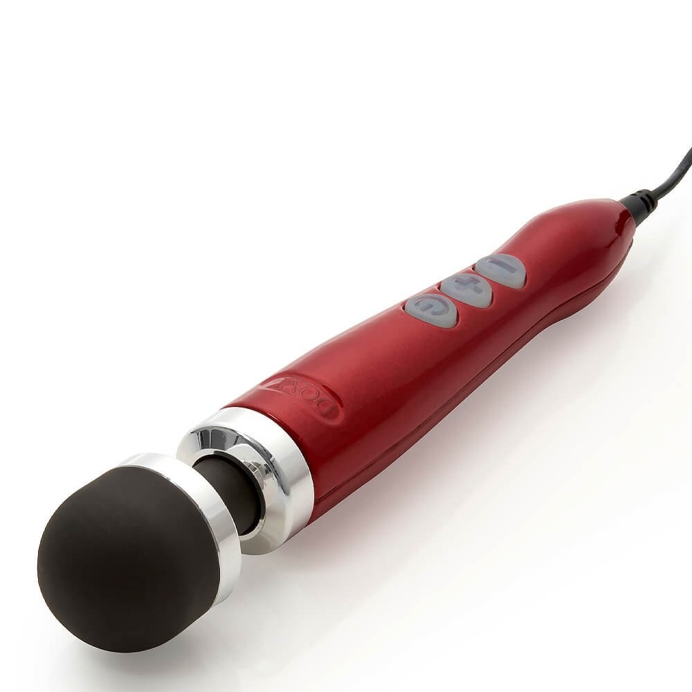 a wand vibrator with a red handle and black mushroom head