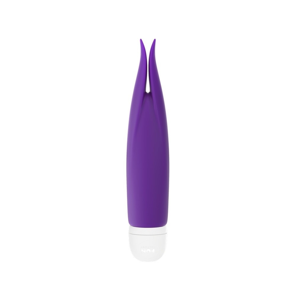 a small purple vibrator with a white handle and a tip that splits into two separate points
