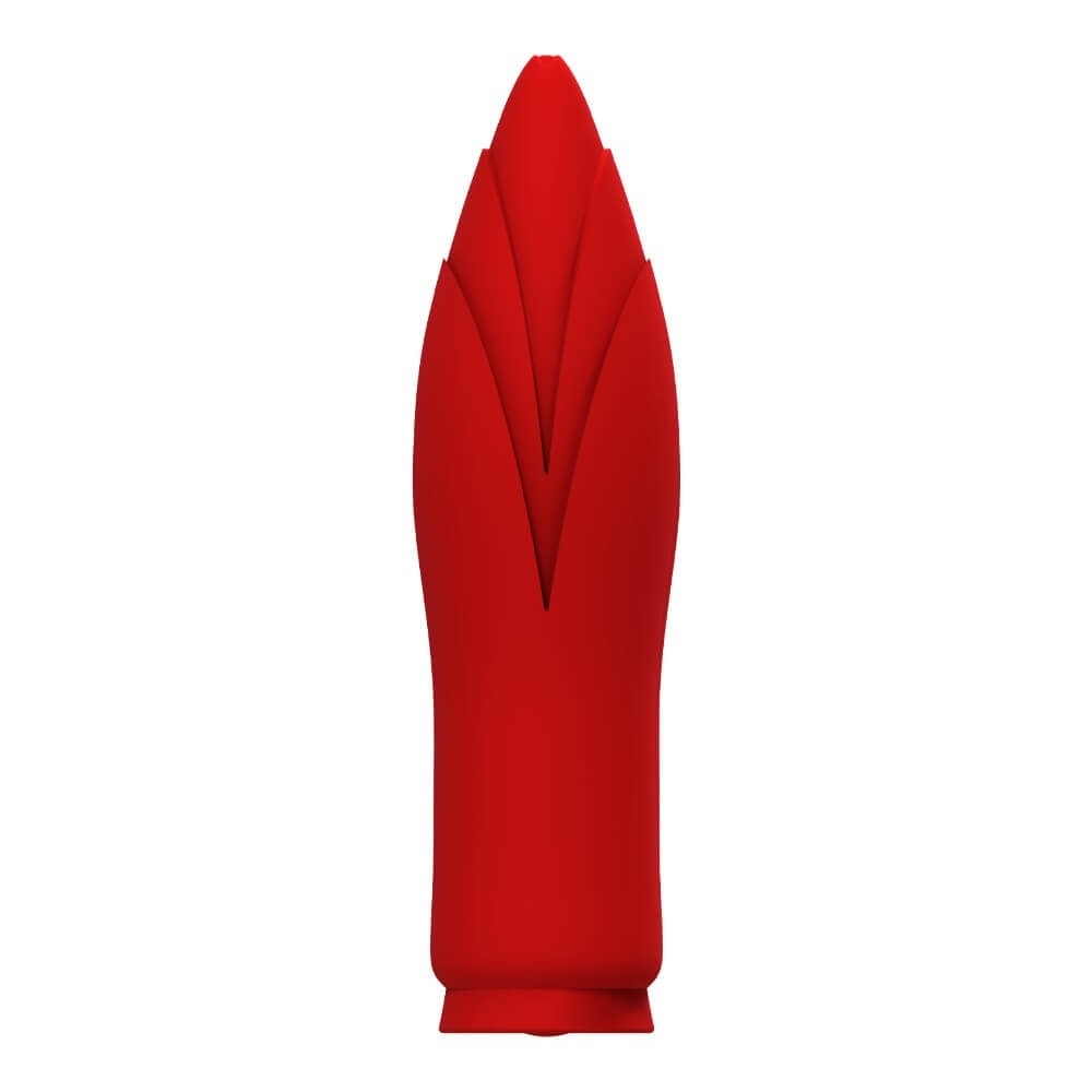 A red vibrator with a textured tip that almost looks like the bud of a flower
