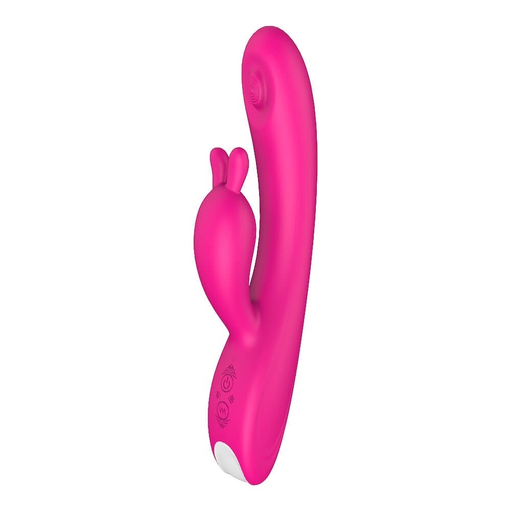 a magenta rabbit vibrator with a clitoral stimulator with two ears and a shaft with a flat button shape on the tip