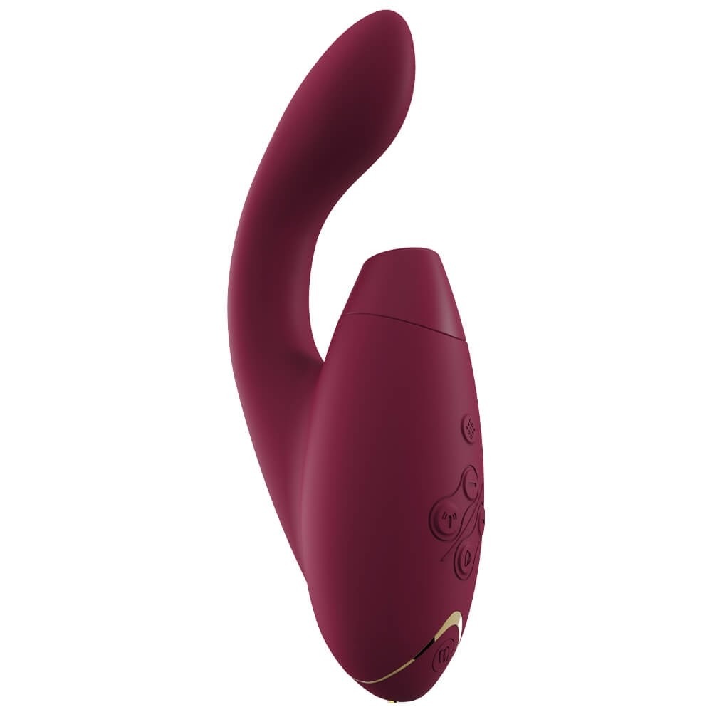 a round burgundy clitoral stimulator that works as a sucker, with an internal vibrator arm